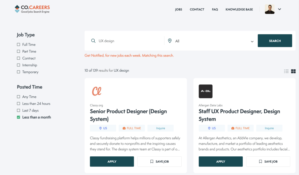 Screenshot showing over 139 of the best UX design jobs available in June 2022